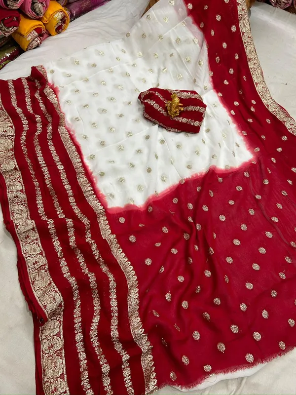 Pure_Jaipuri_Viscose_Georgette_Saree_With_Zari_Butta_And_Tie_Dye_Pallu_White_Red
