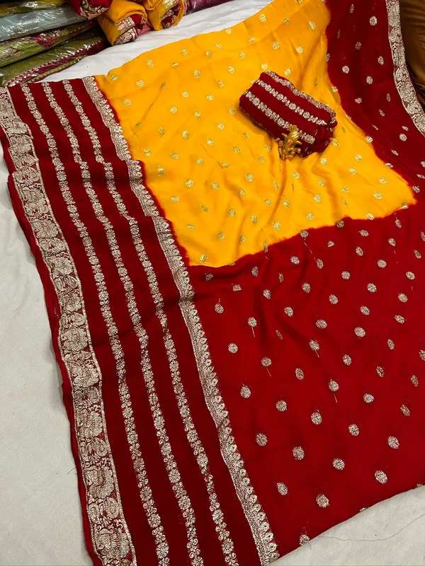 Pure_Jaipuri_Viscose_Georgette_Saree_With_Zari_Butta_And_Tie_Dye_Pallu_Yellow_Red
