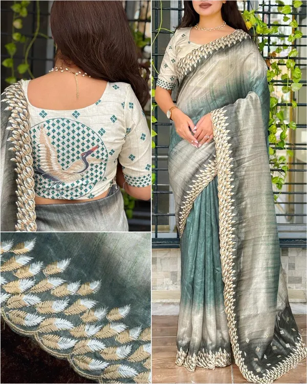 Flamingo_Tussar_Silk_Saree_With_Shaded_Digital_Print_Thread_Feather_Embroidery_Teal