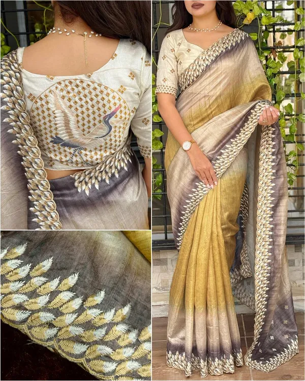 Flamingo_Tussar_Silk_Saree_With_Shaded_Digital_Print_Thread_Feather_Embroidery_Yellow