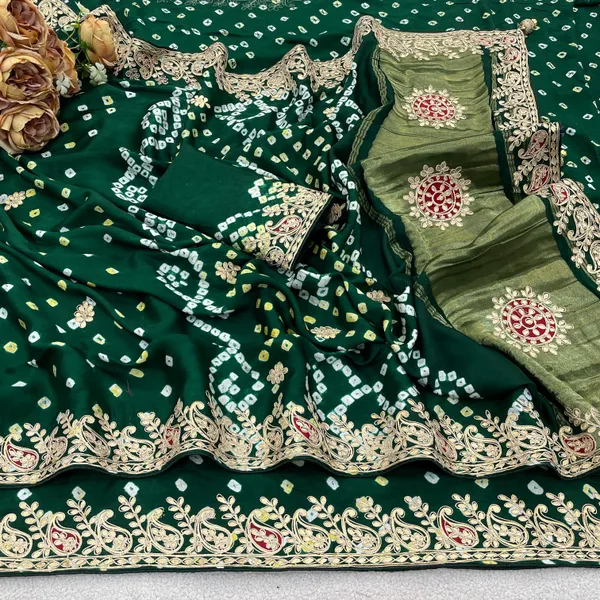 Gaji_Silk_Original_Bandhani_With_Gota_Pati_Work_Saree_Dark_Green