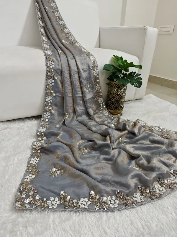 Fandy_Satin_Silk_Fabric_Saree_With_Fancy_Handwork_Bids_Sequence_Work_With_Fancy_Bids_Work_Pallu_Border_Work_Blouse_Grey