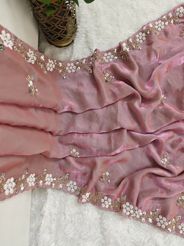 Fandy_Satin_Silk_Fabric_Saree_With_Fancy_Handwork_Bids_Sequence_Work_With_Fancy_Bids_Work_Pallu_Border_Work_Blouse_Rose_Gold