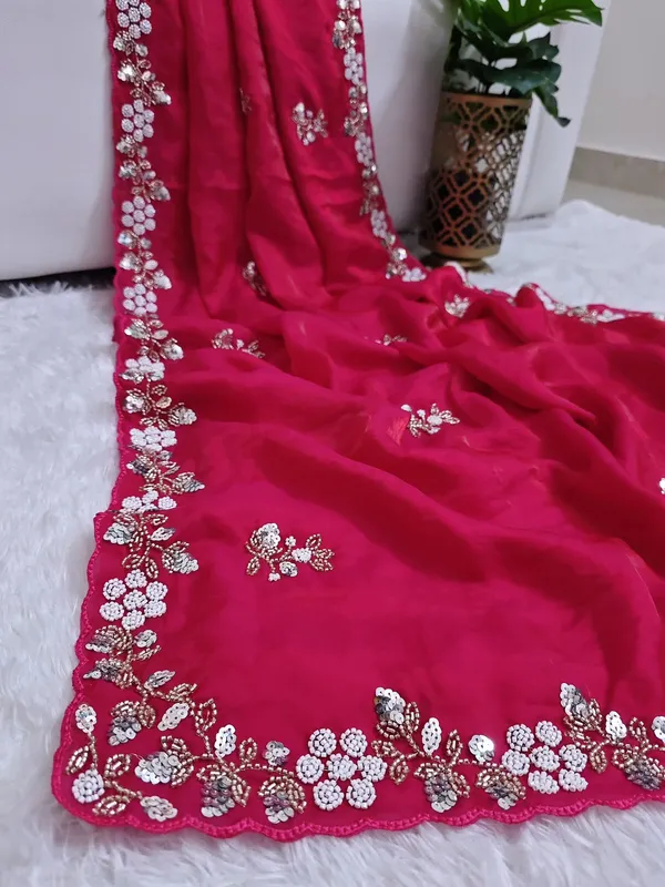Fandy_Satin_Silk_Fabric_Saree_With_Fancy_Handwork_Bids_Sequence_Work_With_Fancy_Bids_Work_Pallu_Border_Work_Blouse_Red