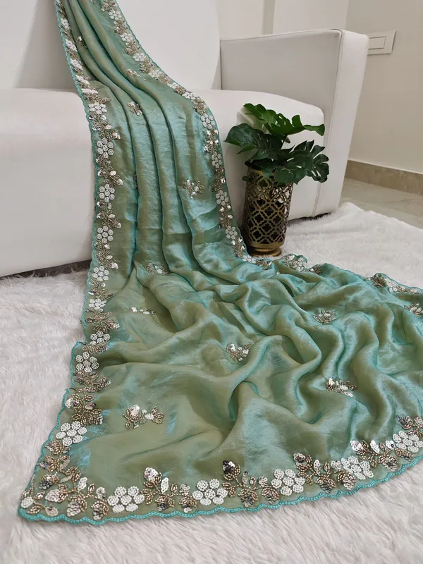 Fandy_Satin_Silk_Fabric_Saree_With_Fancy_Handwork_Bids_Sequence_Work_With_Fancy_Bids_Work_Pallu_Border_Work_Blouse_Sage_Green
