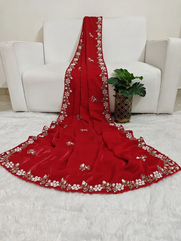 Fandy_Satin_Silk_Fabric_Saree_With_Fancy_Handwork_Bids_Sequence_Work_With_Fancy_Bids_Work_Pallu_Border_Work_Blouse_Red