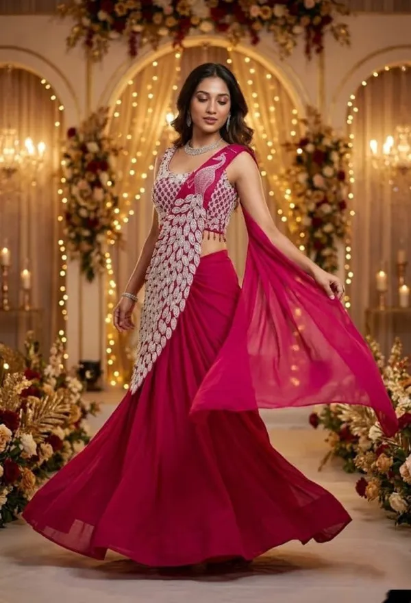 New_Super_Trending_Embroidery_Sequence_Work_Ready_To_Wear_Saree_With_Embroidery_Blouse_Pink