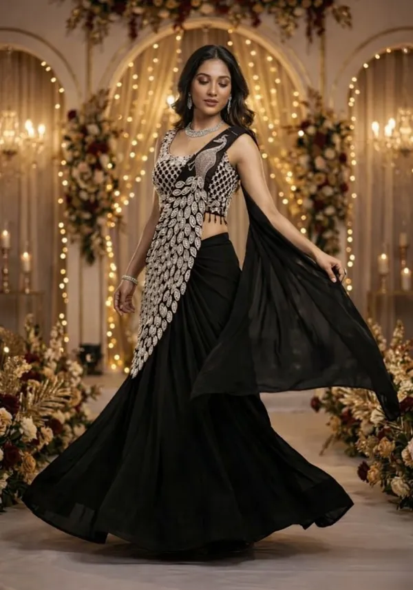New_Super_Trending_Embroidery_Sequence_Work_Ready_To_Wear_Saree_With_Embroidery_Blouse_Black