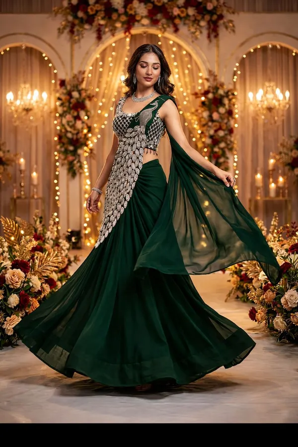 New_Super_Trending_Embroidery_Sequence_Work_Ready_To_Wear_Saree_With_Embroidery_Blouse_Bottlegreen