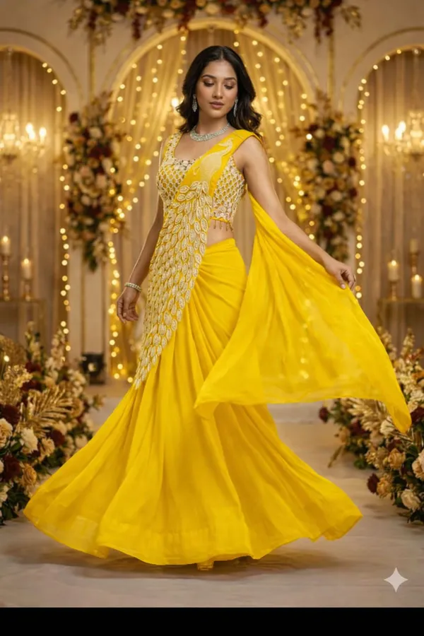 New_Super_Trending_Embroidery_Sequence_Work_Ready_To_Wear_Saree_With_Embroidery_Blouse_Yellow