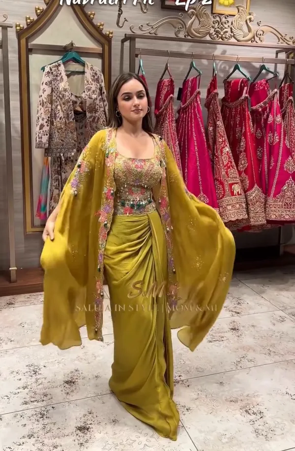 Indo_Western_Draped_Dhoti_Set_With_Long_Shrug_Metalic_Yellow