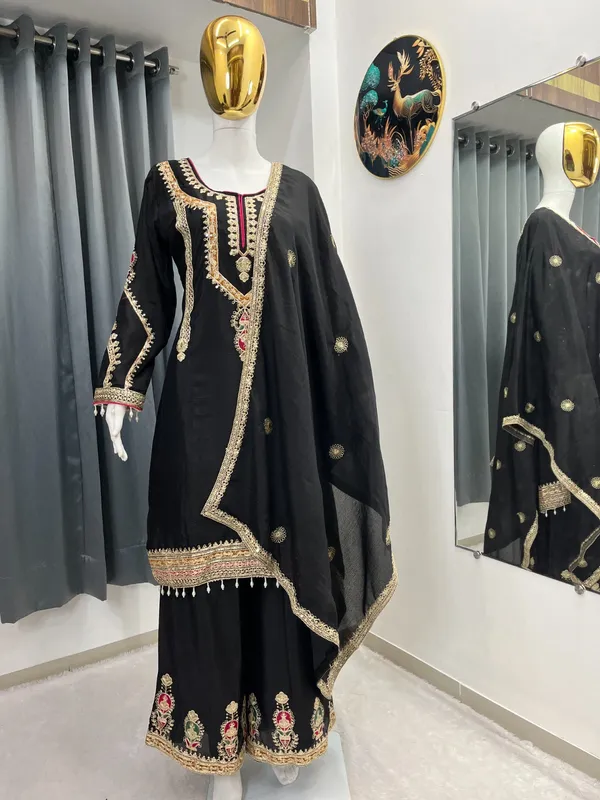 Festival_Ethnic_Outfit_Sequence_Embroidery_On_Silk_Fabric_Top_And_Plazzo_With_Dupatta_Set
