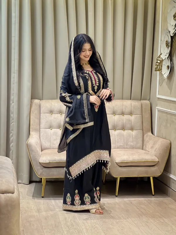 Festival_Ethnic_Outfit_Sequence_Embroidery_On_Silk_Fabric_Top_And_Plazzo_With_Dupatta_Set