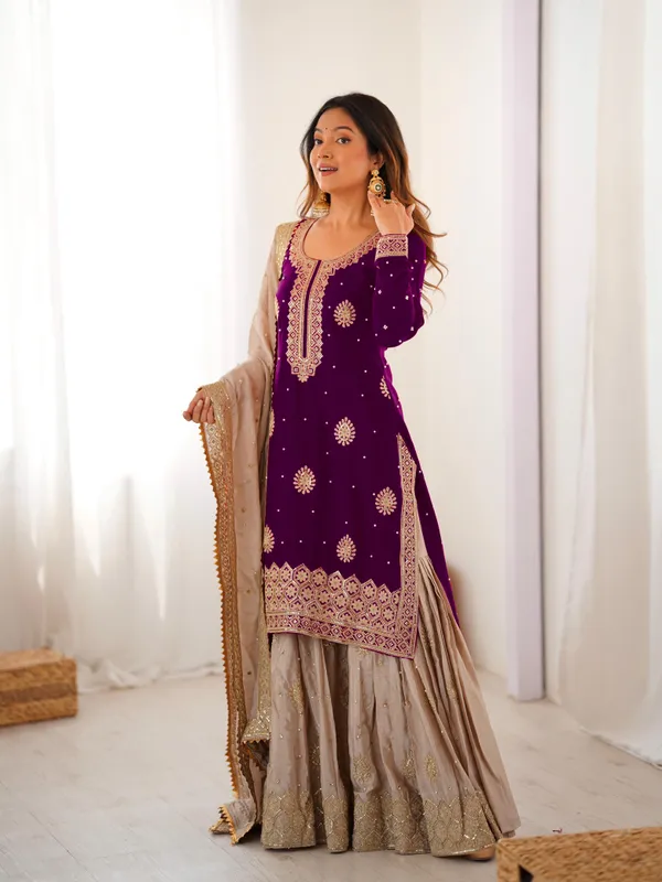 Vastrahut_Ethnic_Motifs_Embroidered_Sharara_Set_With_Dupatta_Purple