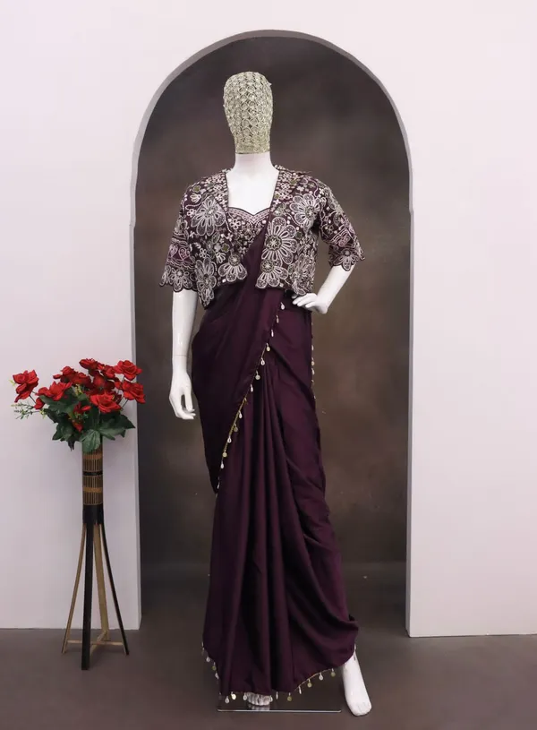 Premium_Ready_To_Wear_Saree_Expertly_Tailored_With_Precise_Plats_And_A_Refined_Finish_With_Koti_Jacket_Deep_Wine
