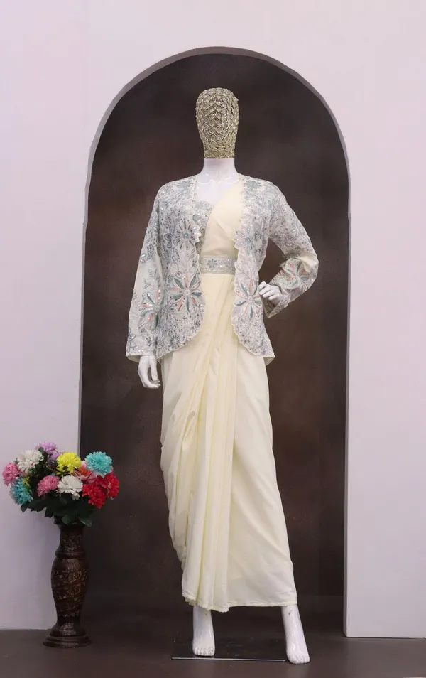 Premium_Crepe_Silk_Ready_To_Wear_Saree_With_Koti_Jacket_Expertly_Tailored_With_Precise_Pleats_And_A_Refined_Finish_White