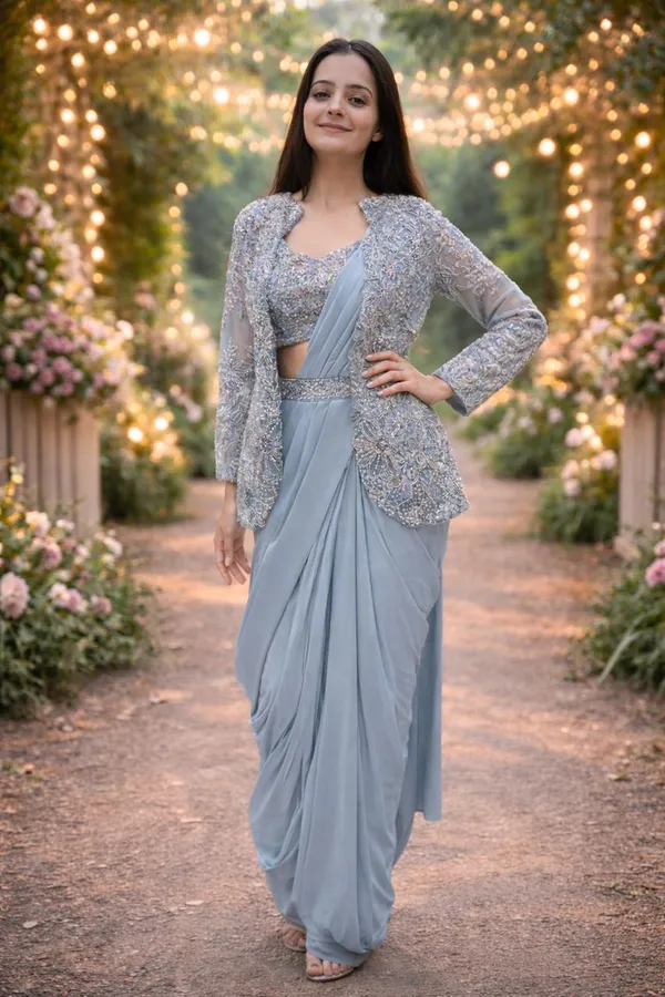 Premium_Crepe_Silk_Ready_To_Wear_Saree_With_Koti_Jacket_Expertly_Tailored_With_Precise_Pleats_And_A_Refined_Finish_White