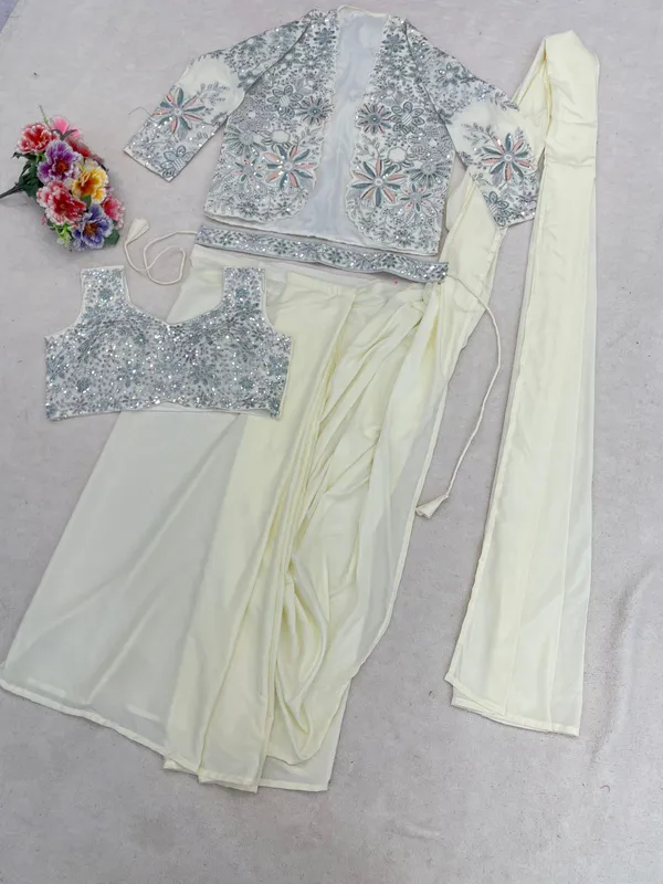 Premium_Crepe_Silk_Ready_To_Wear_Saree_With_Koti_Jacket_Expertly_Tailored_With_Precise_Pleats_And_A_Refined_Finish_White