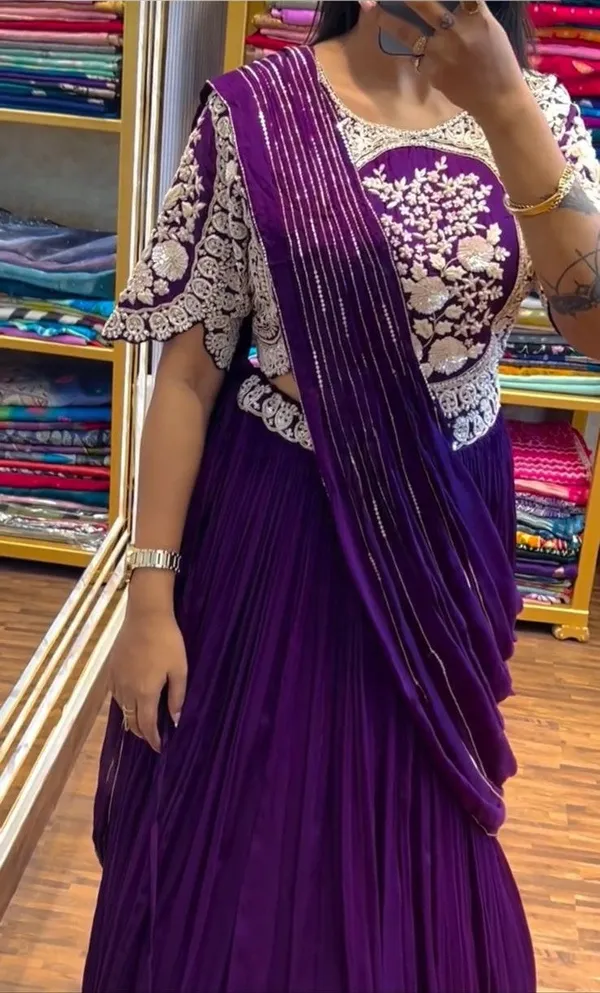New_Designer_Party_Wear_Lehenga_Saree_With_Stich_Blouse_With_Embroidery_Work