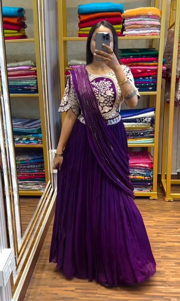 New_Designer_Party_Wear_Lehenga_Saree_With_Stich_Blouse_With_Embroidery_Work