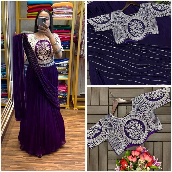 New_Designer_Party_Wear_Lehenga_Saree_With_Stich_Blouse_With_Embroidery_Work