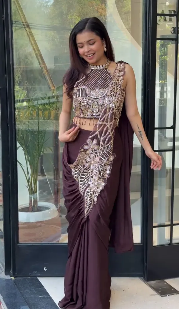 New_Super_Trending_Embroidery_Sequence_Work_Ready_To_Wear_Saree_With_Embroidery_Blouse_Wine