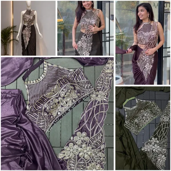 New_Super_Trending_Embroidery_Sequence_Work_Ready_To_Wear_Saree_With_Embroidery_Blouse_Dark_Maroon