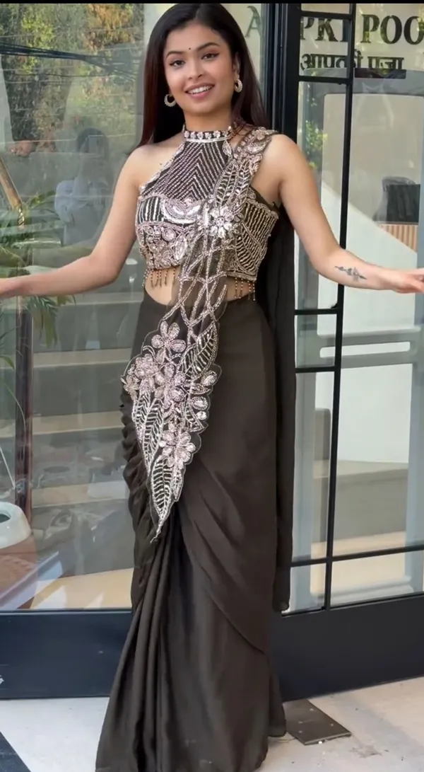 New_Super_Trending_Embroidery_Sequence_Work_Ready_To_Wear_Saree_With_Embroidery_Blouse_Dark_Maroon