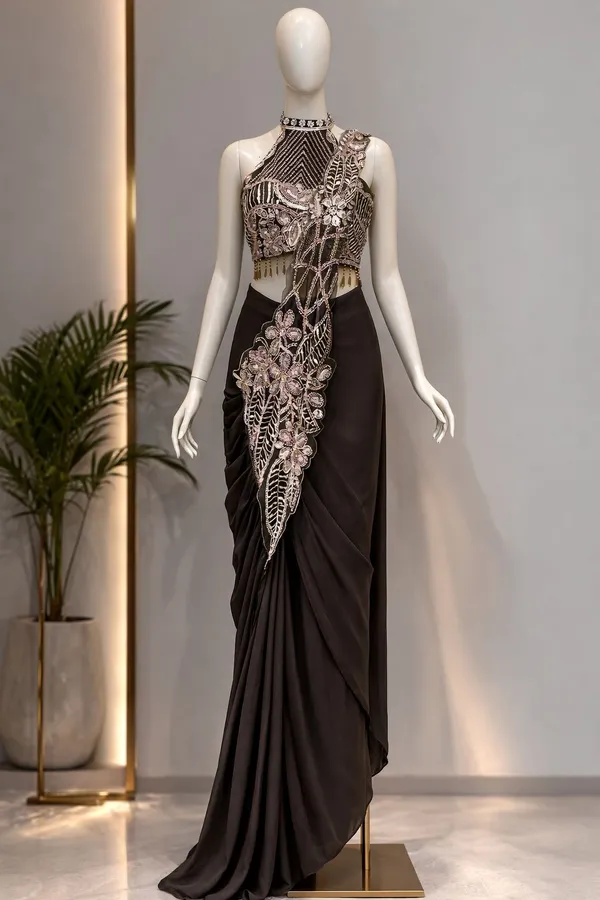 New_Super_Trending_Embroidery_Sequence_Work_Ready_To_Wear_Saree_With_Embroidery_Blouse_Dark_Maroon