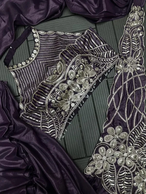 New_Super_Trending_Embroidery_Sequence_Work_Ready_To_Wear_Saree_With_Embroidery_Blouse_Dark_Maroon