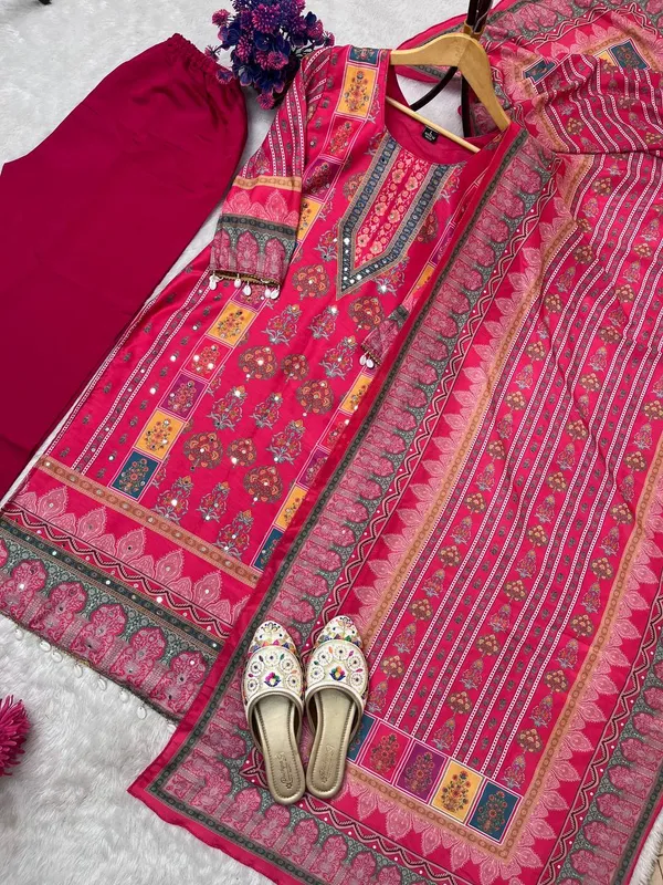 Designer_Wear_Trending_Top_With_Printed_Work_With_Mirror_Work_With_Top_And_Dupatta_Set_Pink