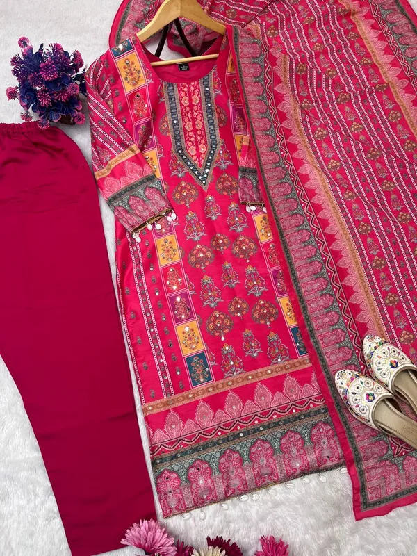 Designer_Wear_Trending_Top_With_Printed_Work_With_Mirror_Work_With_Top_And_Dupatta_Set_Pink