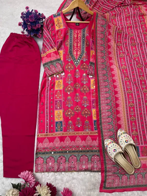 Designer_Wear_Trending_Top_With_Printed_Work_With_Mirror_Work_With_Top_And_Dupatta_Set_Pink