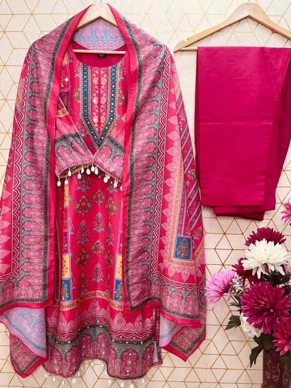 Designer_Wear_Trending_Top_With_Printed_Work_With_Mirror_Work_With_Top_And_Dupatta_Set_Pink