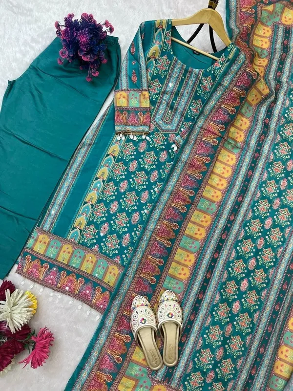 Designer_Wear_Trending_Top_With_Printed_Work_With_Mirror_Work_With_Top_And_Dupatta_Set_Teal