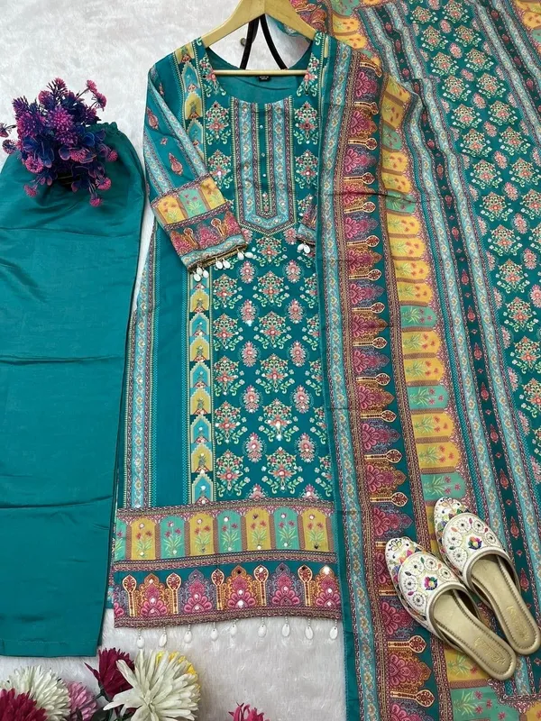 Designer_Wear_Trending_Top_With_Printed_Work_With_Mirror_Work_With_Top_And_Dupatta_Set_Teal