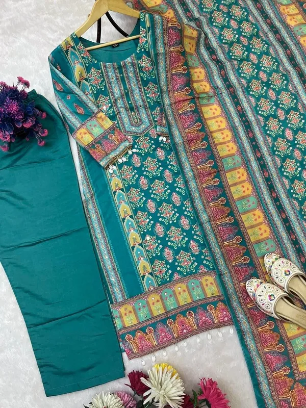 Designer_Wear_Trending_Top_With_Printed_Work_With_Mirror_Work_With_Top_And_Dupatta_Set_Teal
