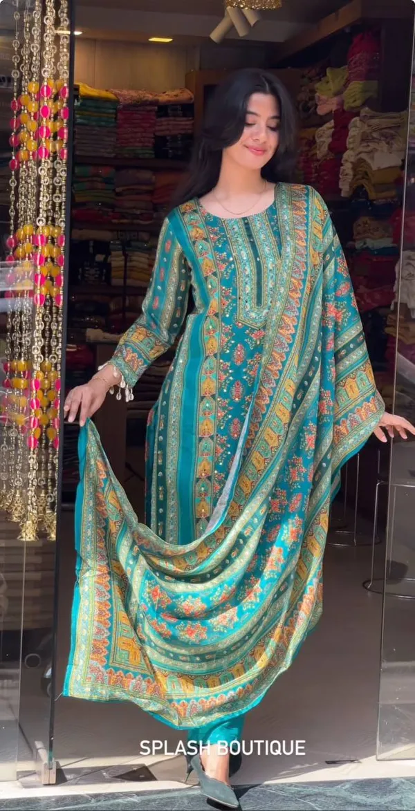 Designer_Wear_Trending_Top_With_Printed_Work_With_Mirror_Work_With_Top_And_Dupatta_Set_Teal