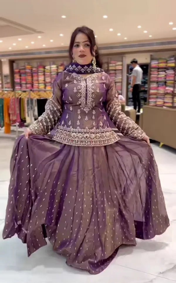 Handcrafted_Embroidered_Peplum_Top_With_Flared_Lehenga_And_Dupatta_Set
