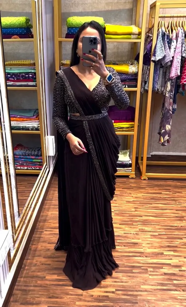 New_Super_Trending_Black_Embroidery_Sequence_Work_Ready_To_Wear_Saree