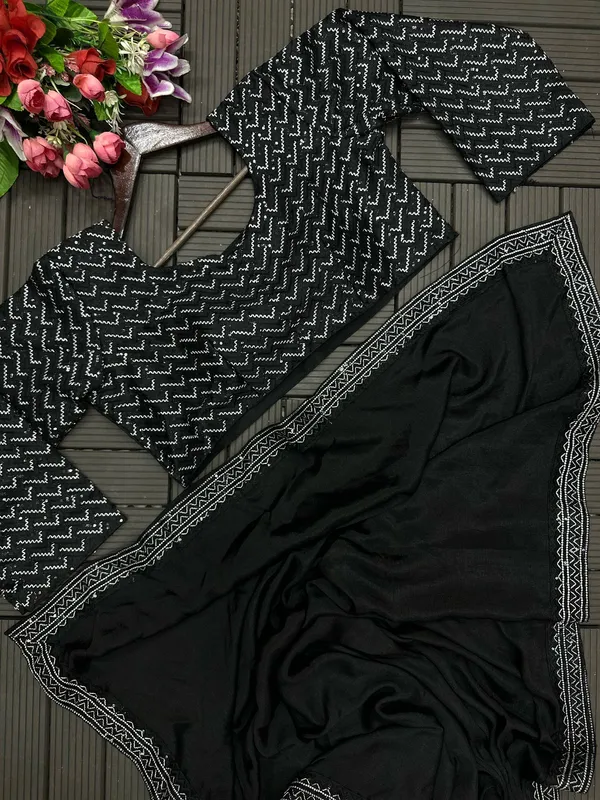 New_Super_Trending_Black_Embroidery_Sequence_Work_Ready_To_Wear_Saree