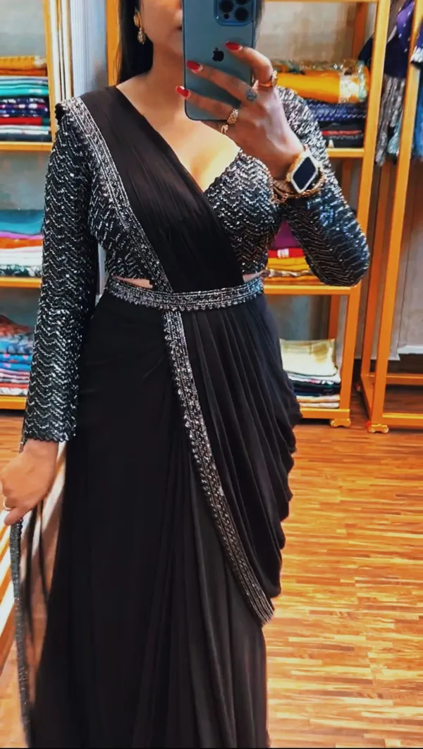 New_Super_Trending_Black_Embroidery_Sequence_Work_Ready_To_Wear_Saree
