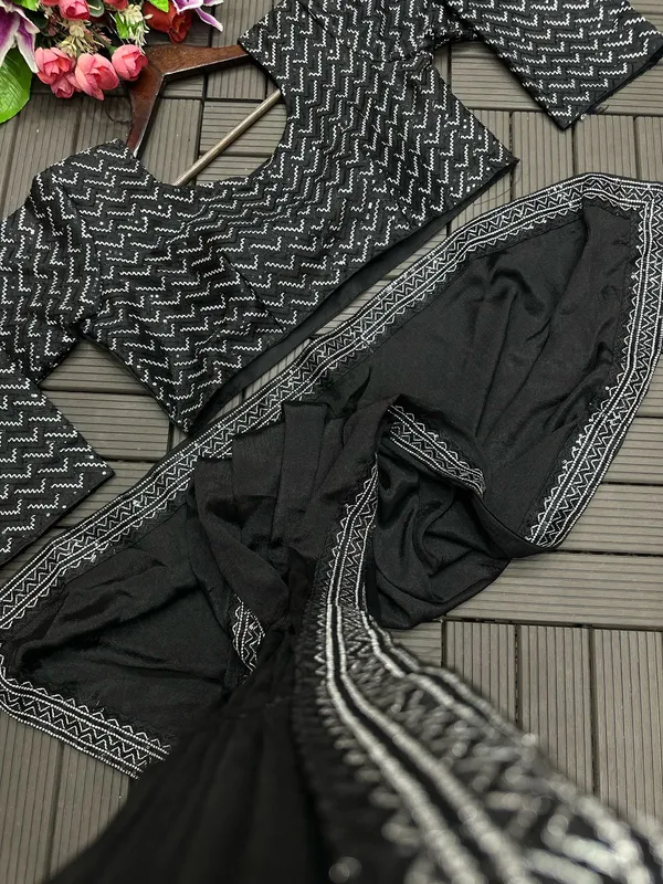 New_Super_Trending_Black_Embroidery_Sequence_Work_Ready_To_Wear_Saree