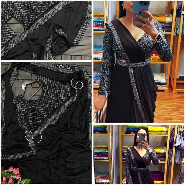 New_Super_Trending_Black_Embroidery_Sequence_Work_Ready_To_Wear_Saree
