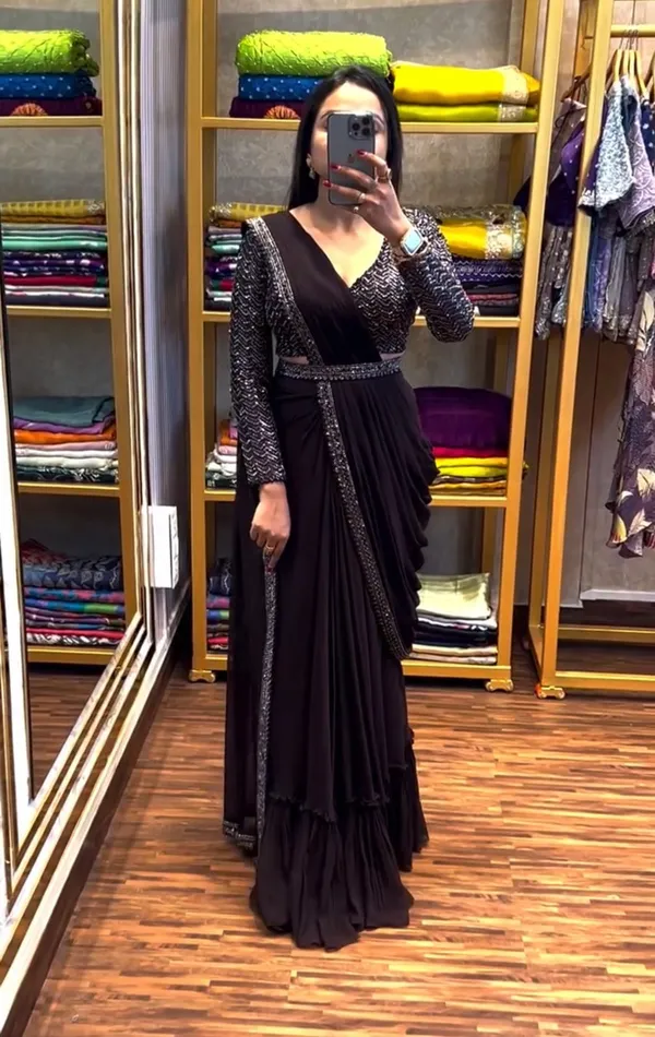 New_Super_Trending_Black_Embroidery_Sequence_Work_Ready_To_Wear_Saree