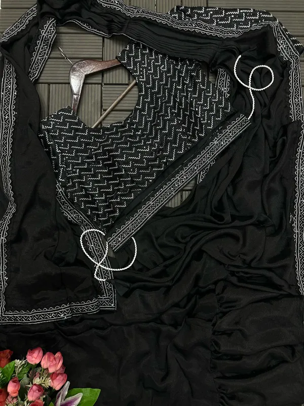 New_Super_Trending_Black_Embroidery_Sequence_Work_Ready_To_Wear_Saree