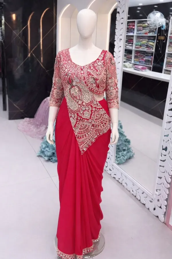 New_Super_Trending_Embroidery_Sequence_Work_Ready_To_Wear_Saree_With_Embroidery_Blouse_Red