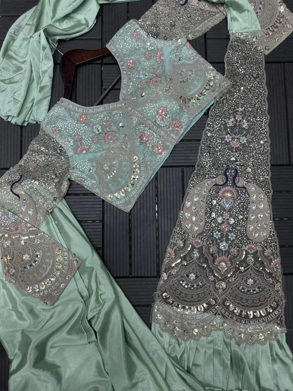 New_Super_Trending_Embroidery_Sequence_Work_Ready_To_Wear_Saree_With_Embroidery_Blouse_Pista_Green