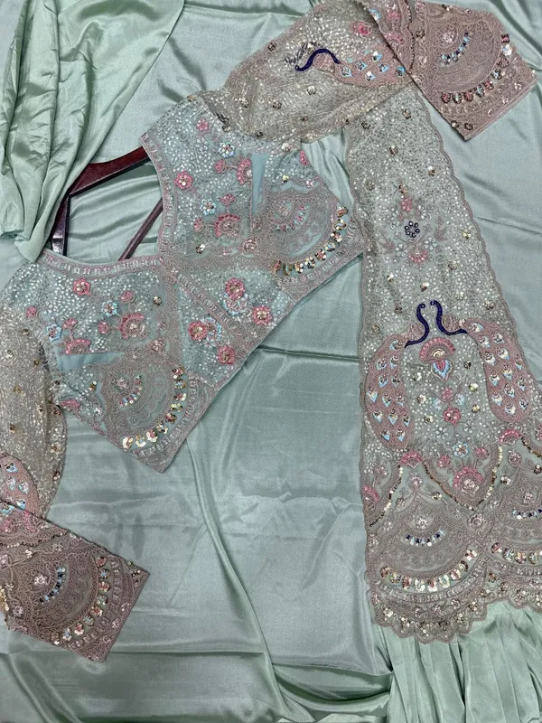 New_Super_Trending_Embroidery_Sequence_Work_Ready_To_Wear_Saree_With_Embroidery_Blouse_Pista_Green