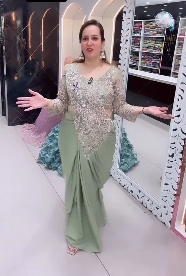 New_Super_Trending_Embroidery_Sequence_Work_Ready_To_Wear_Saree_With_Embroidery_Blouse_Pista_Green